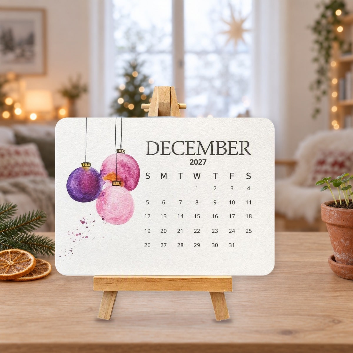Spira plantbar frøkalender 2027 med desemberkortet på et lite stativ i tre