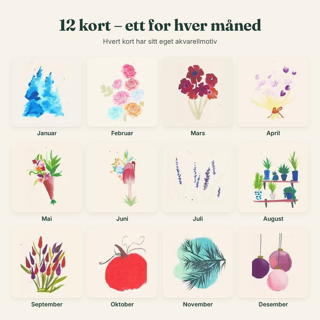 De 12 akvarellmotivene i frøkalenderen, ett for hver måned