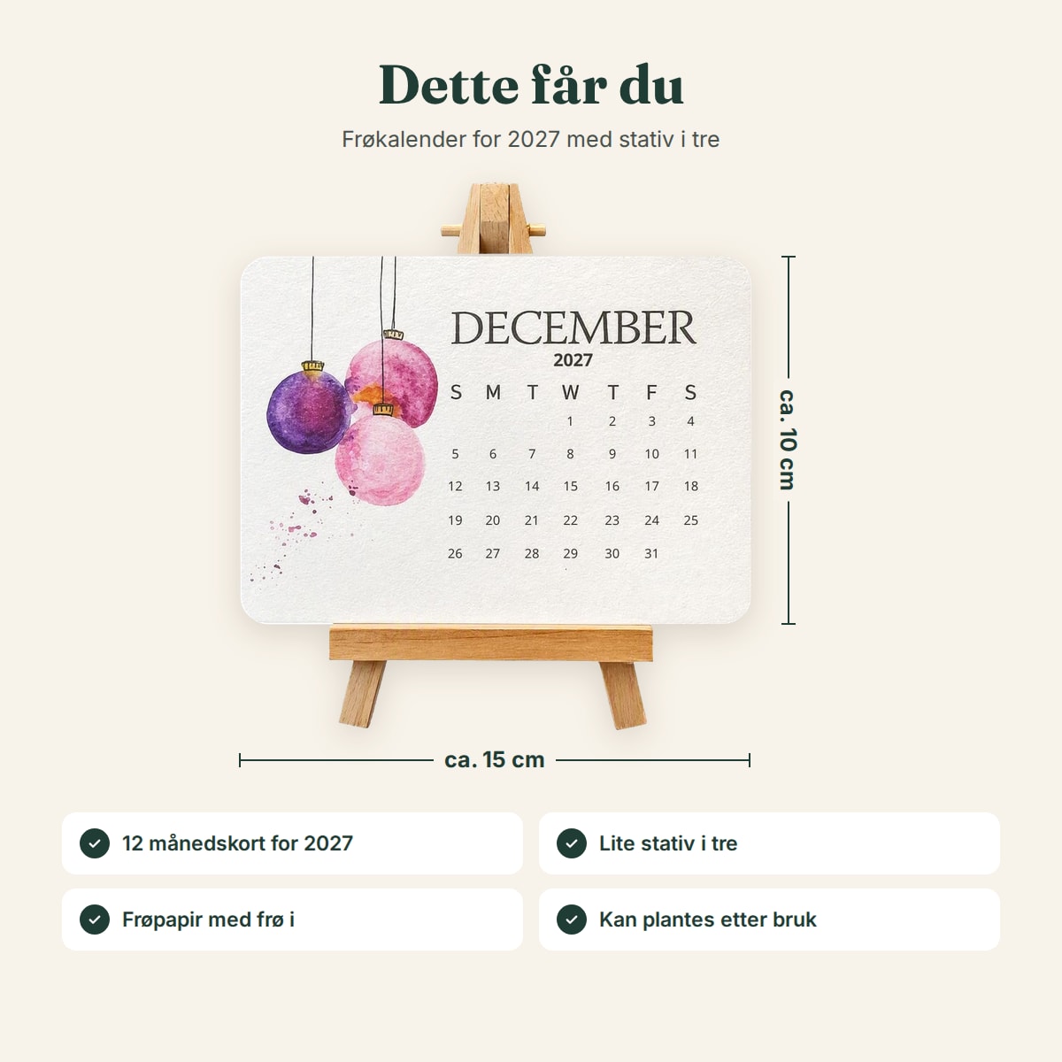 Dette får du: 12 månedskort for 2027 og stativ i tre, ca. 15 × 10 cm per kort