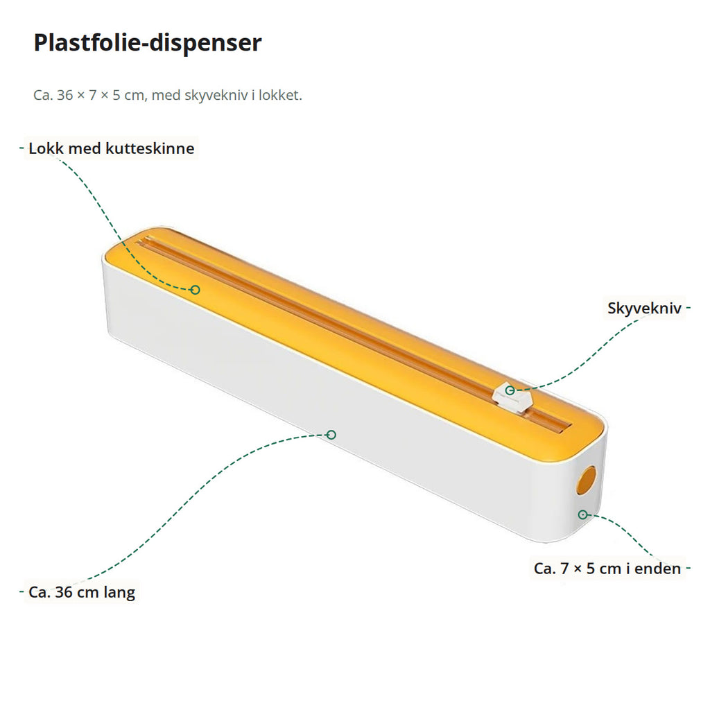 Plastfolie dispenser merket med skyvekniv, lokk med kutteskinne og mål på ca. 36 × 7 × 5 cm