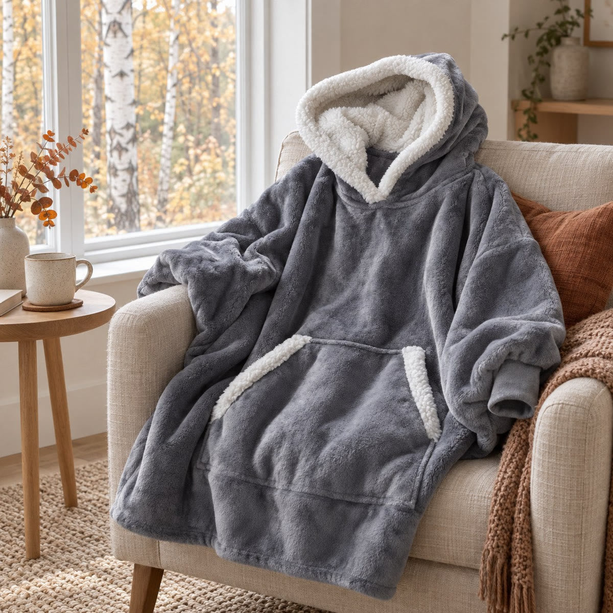Grå pleddgenser med sherpa-fôr i hetten lagt over en beige lenestol i en lys stue