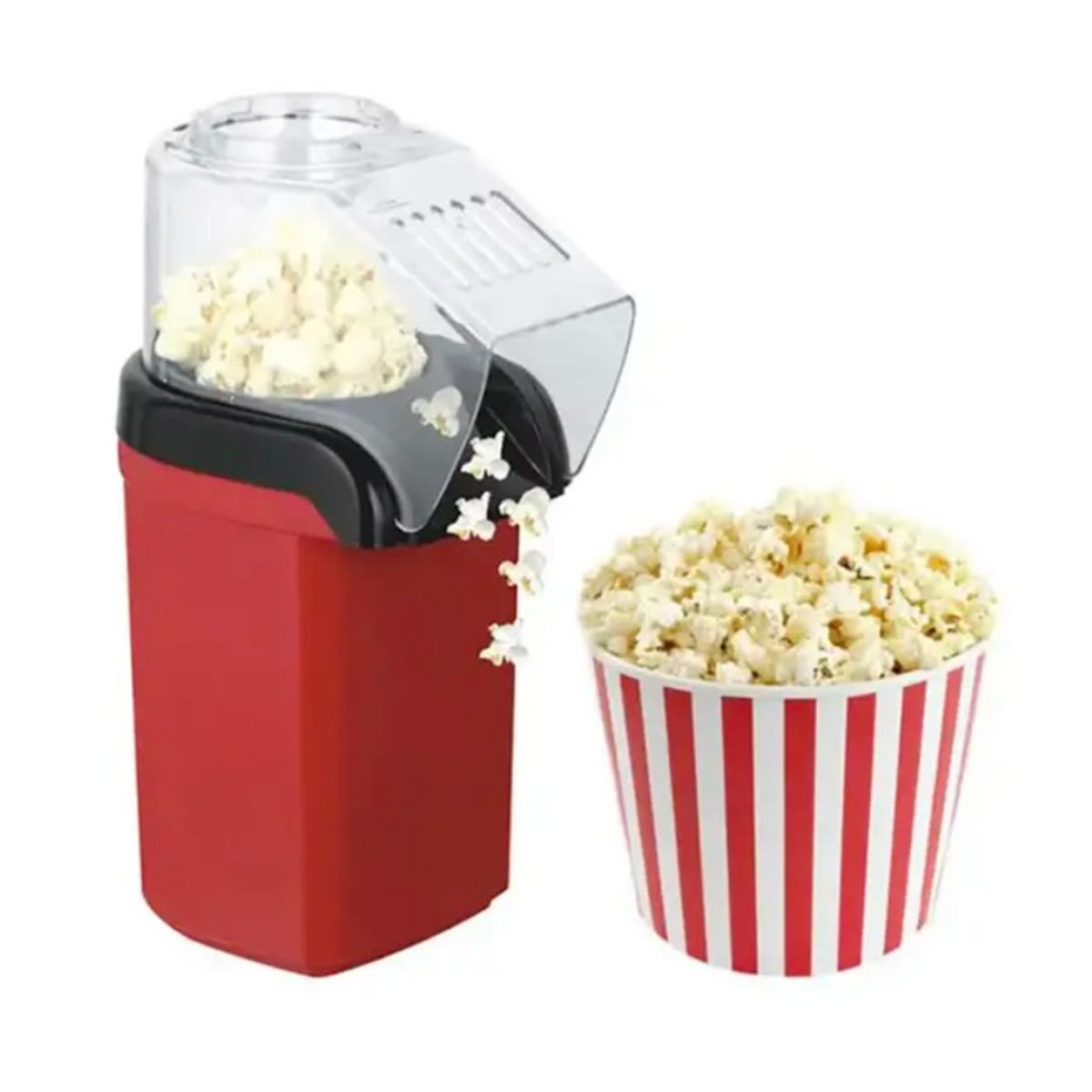 Popcornmaskinen med en stripet popcornboks ved siden av