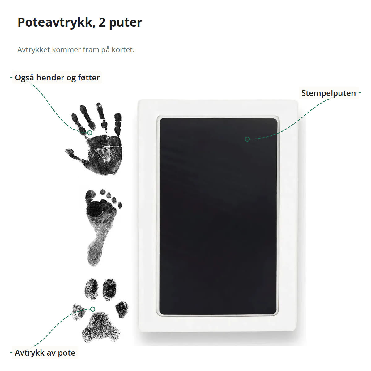 Stempelpute til poteavtrykk med avtrykk av hånd, fot og pote ved siden av