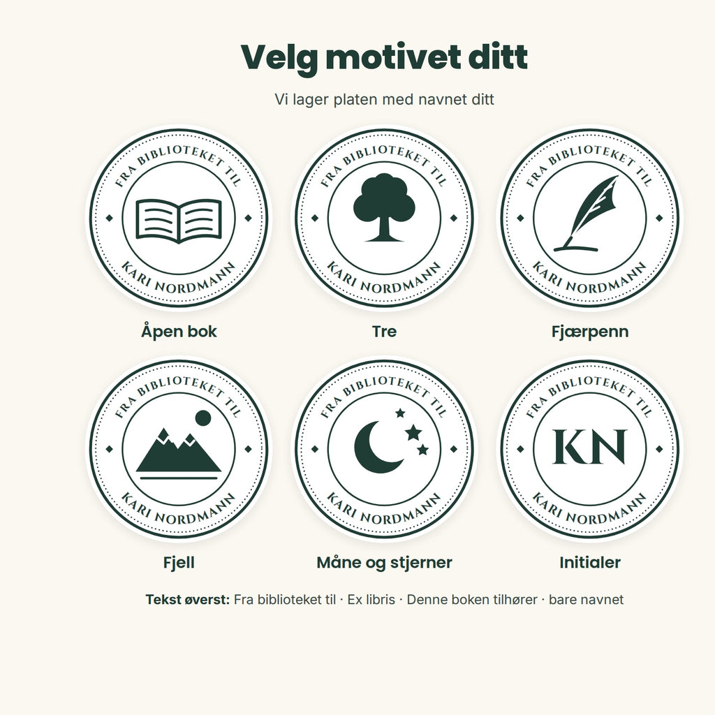 De seks motivene: åpen bok, tre, fjærpenn, fjell, måne og stjerner og initialer, med navnet langs kanten