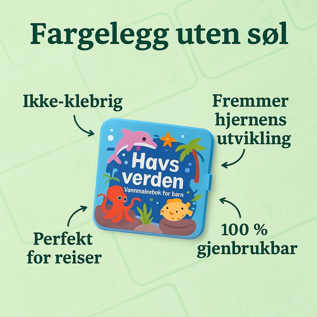 Vannmaleboken med teksten Fargelegg uten søl og fordelene: ikke-klebrig, gjenbrukbar, for reiser