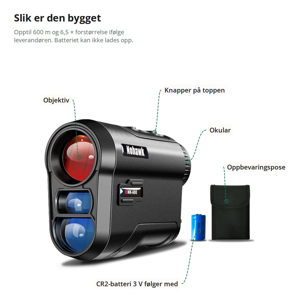 Rangefinderen merket med objektiv, knapper på toppen, okular, CR2-batteri og oppbevaringspose