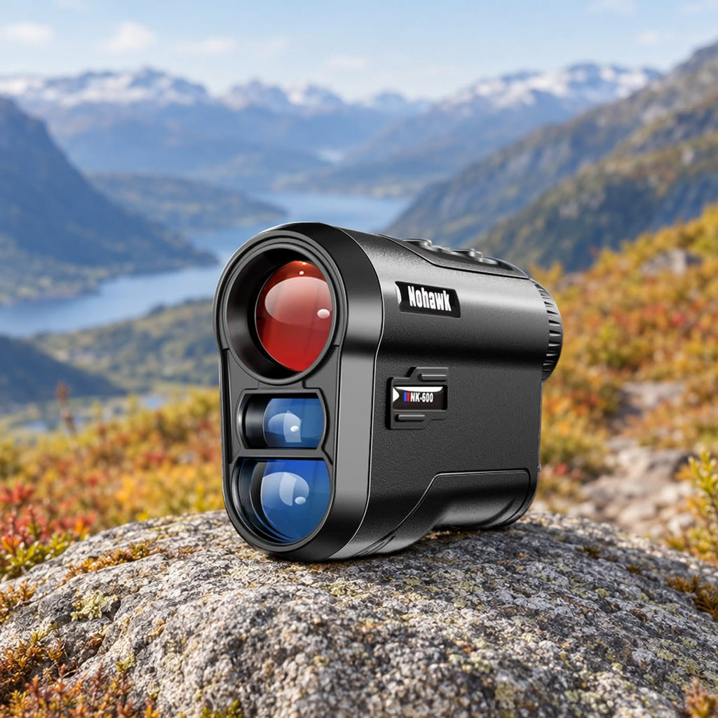 Rangefinderen på en grå steinhelle ved en fjellsti, med dal, vann og fjell med snø uskarpt langt bak