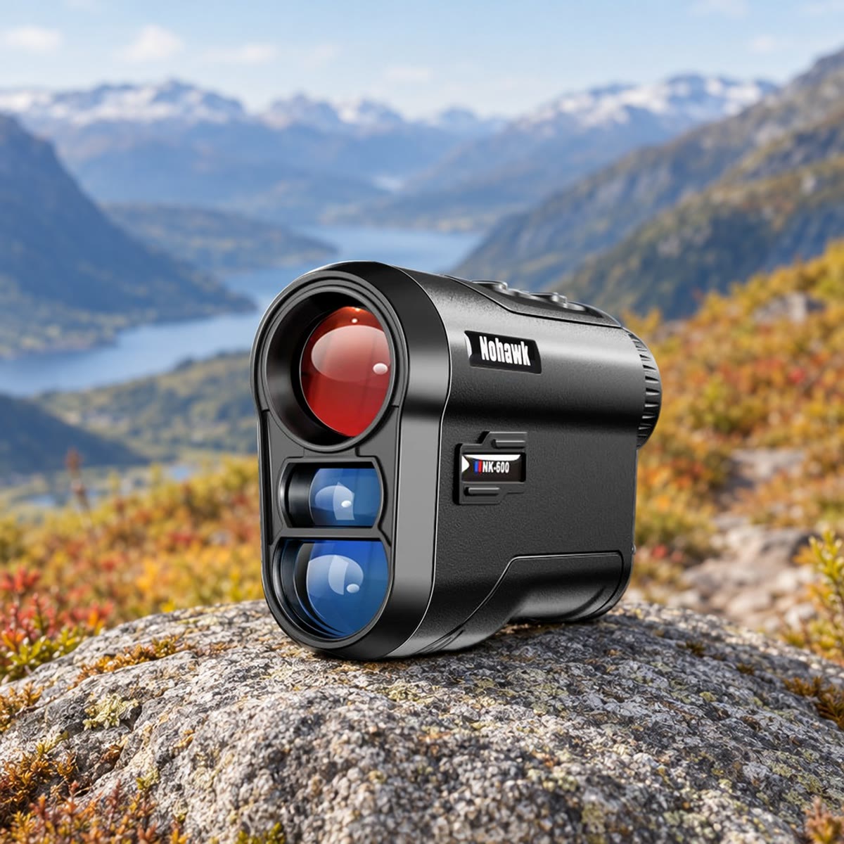 Rangefinderen på en grå steinhelle ved en fjellsti, med dal, vann og fjell med snø uskarpt langt bak