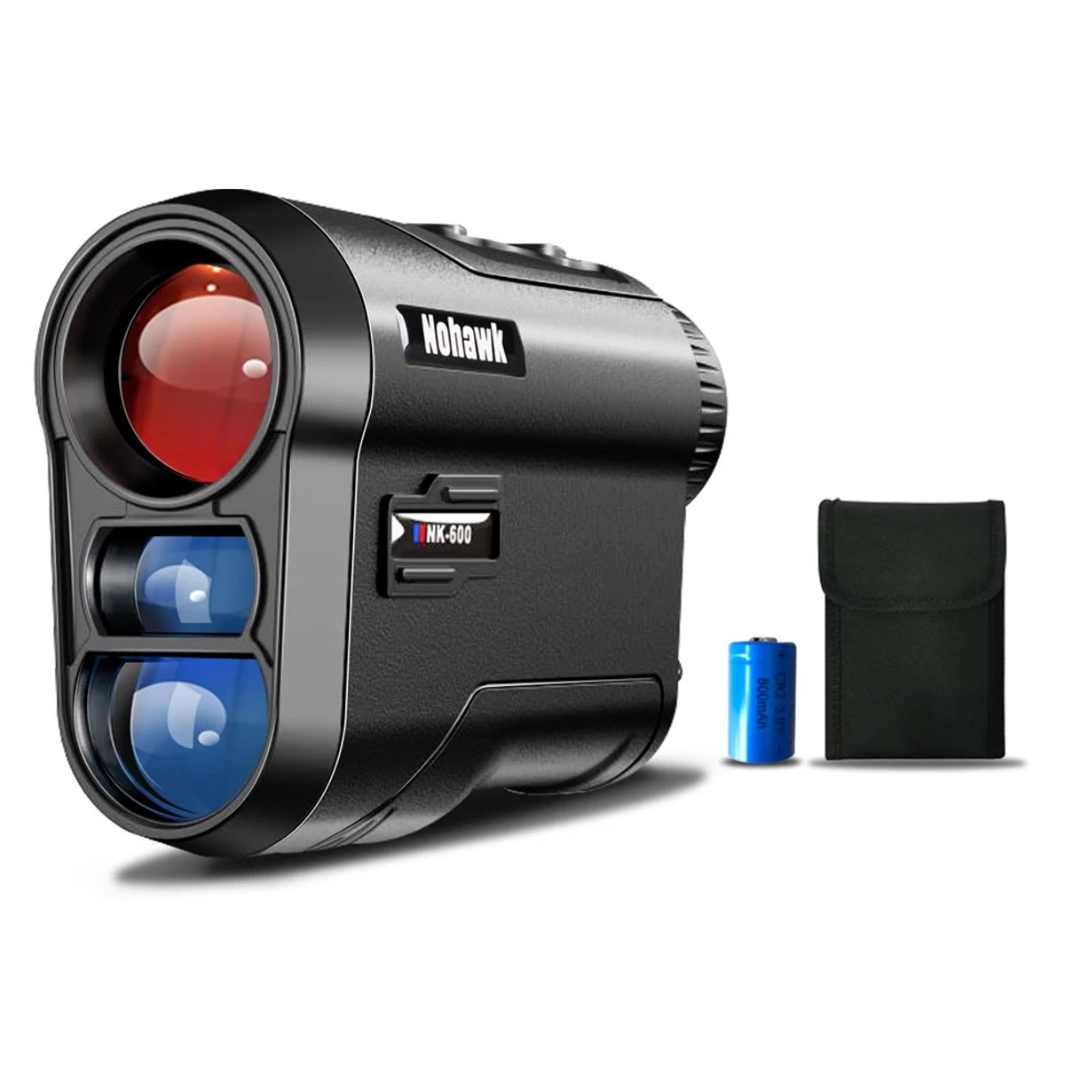 Innholdet i esken: rangefinderen, et CR2-batteri på 3 V og en myk, svart oppbevaringspose