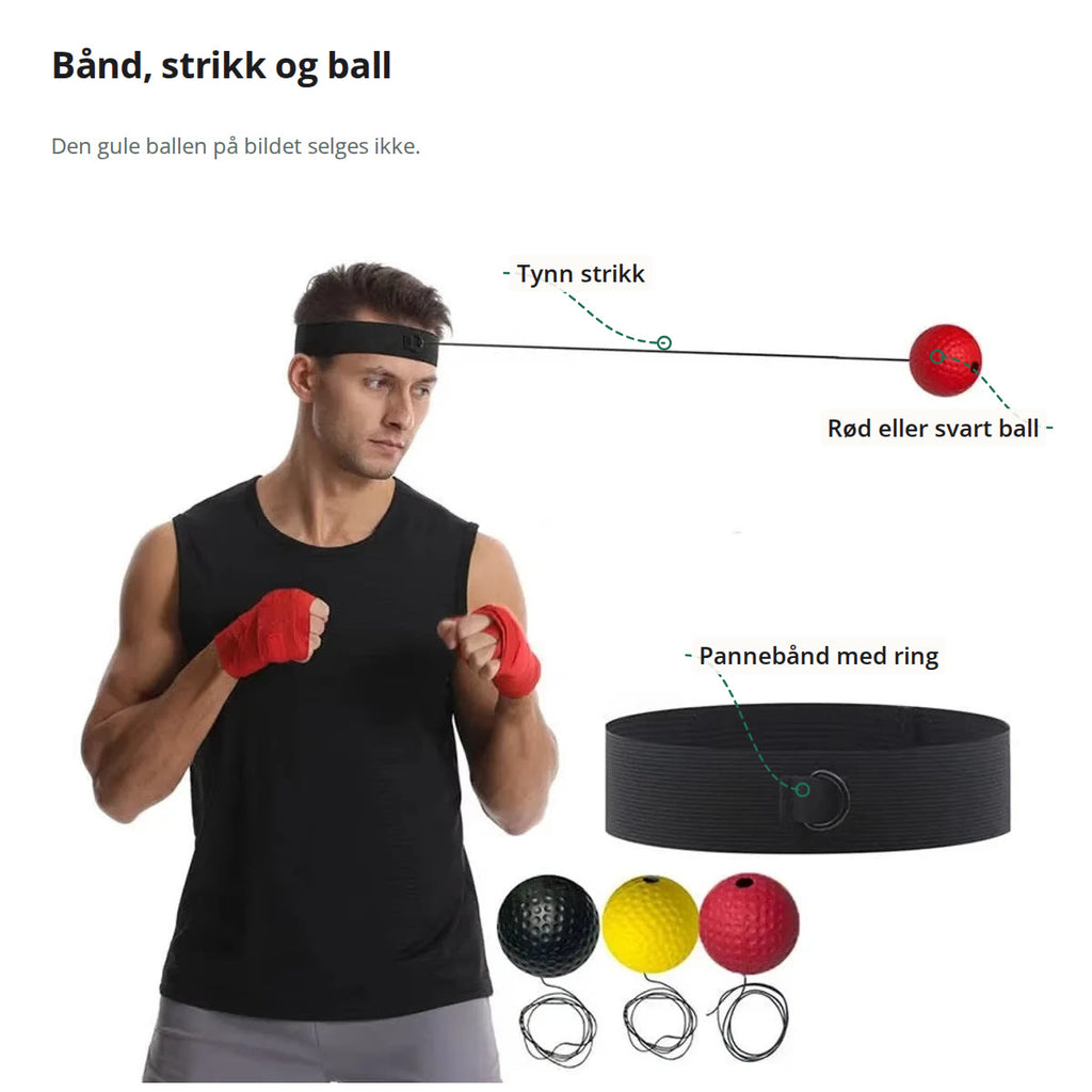 Mann med pannebånd og en rød ball på strikk, med strikken, ballen og pannebåndet med ring merket