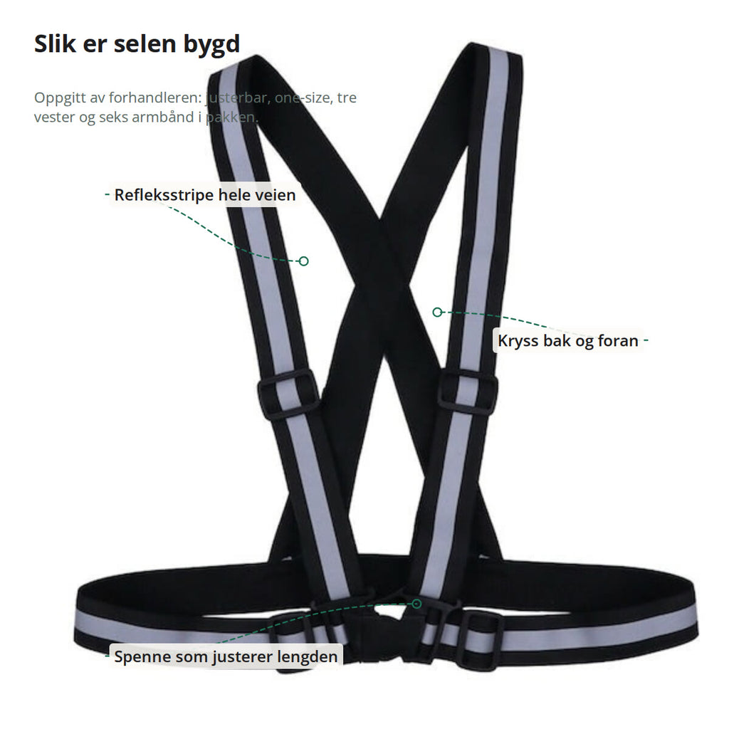 Refleksvesten merket: refleksstripe hele veien, spenne som justerer lengden og kryss bak og foran