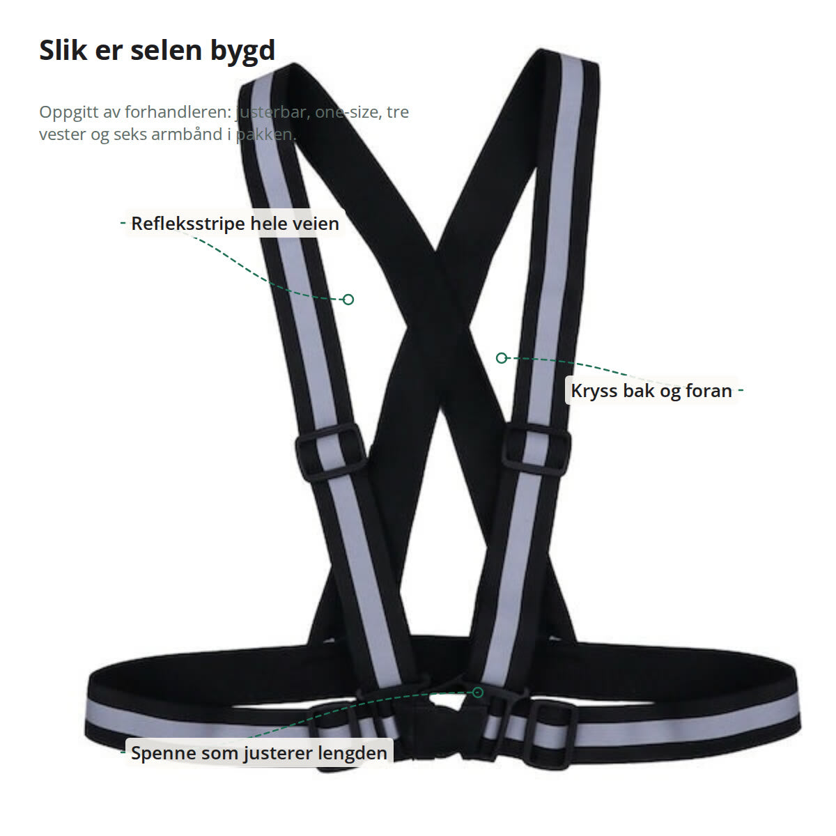 Refleksvesten merket: refleksstripe hele veien, spenne som justerer lengden og kryss bak og foran