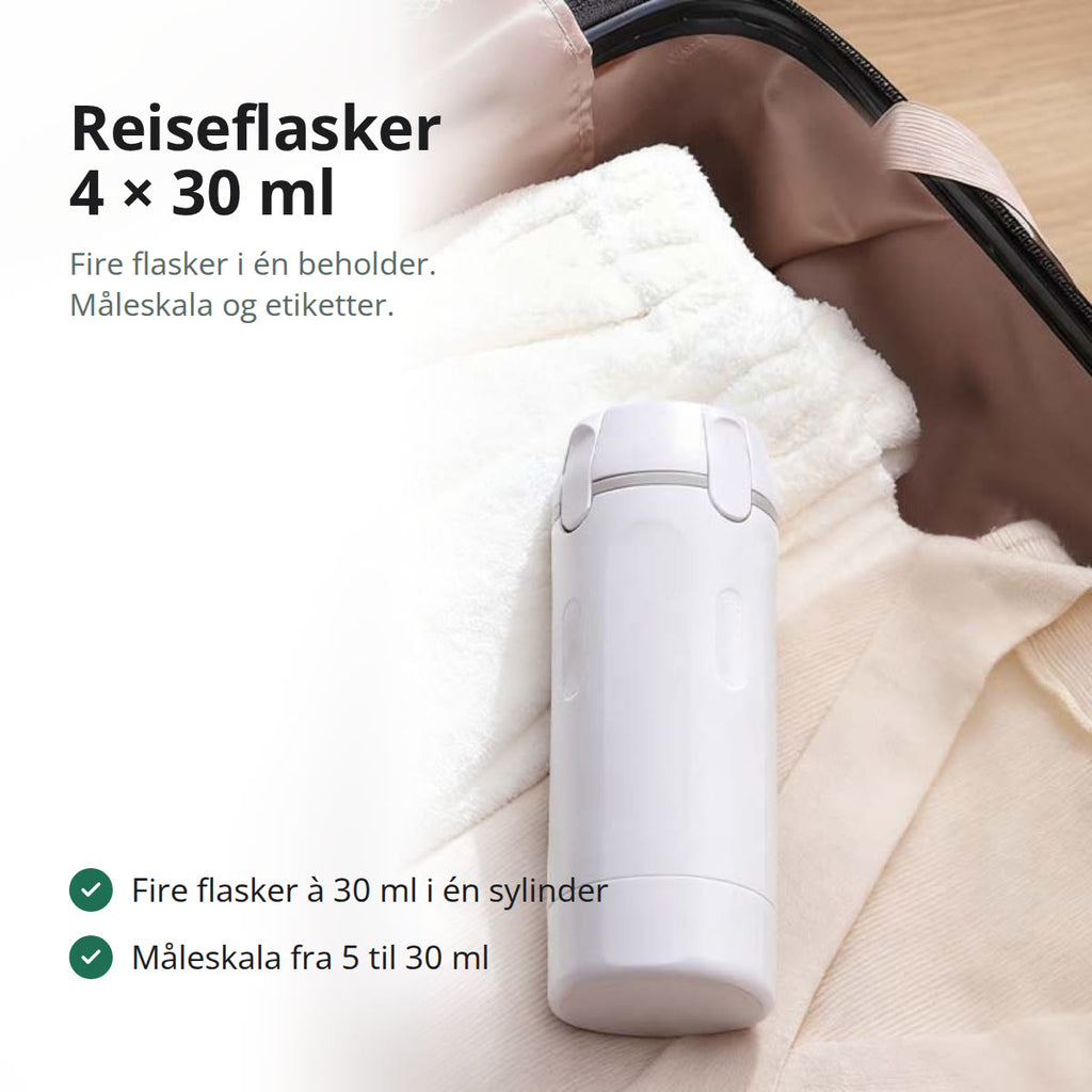 Reisebeholder i hvit plast med fire flasker inni, stående på en marmorhylle på badet