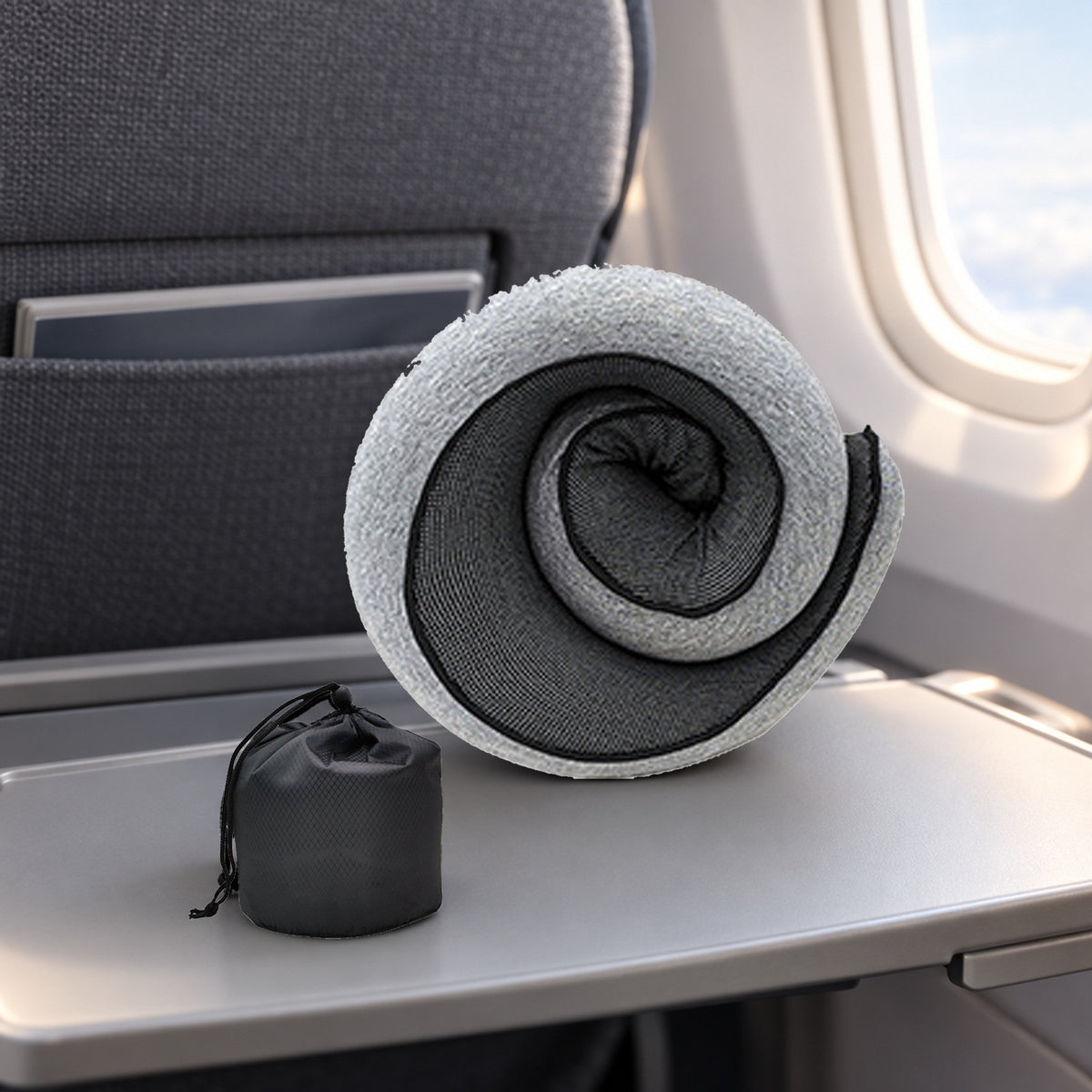 Den sammenrullede reiseputen og posen på klappbordet i et fly