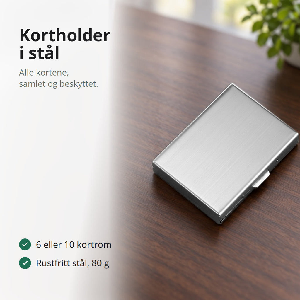 Kortholder i børstet stål på en skrivepult i mørkt tre