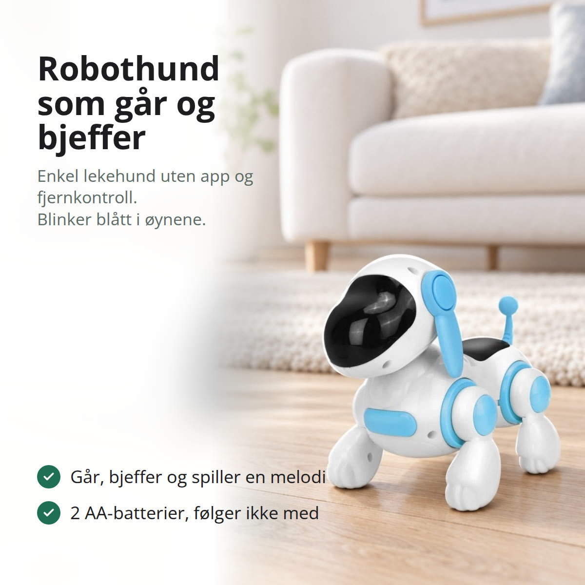 Robothund i hvitt og lyseblått med svart visir, på et eikegulv foran en hvit sofa i en lys stue