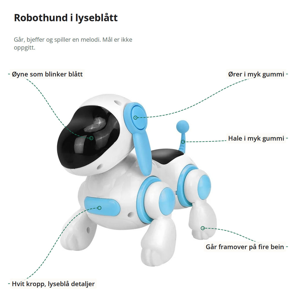 Robothunden merket med øyne som blinker blått, ører og hale i myk gummi, fire bein og hvit kropp med lyseblå detaljer
