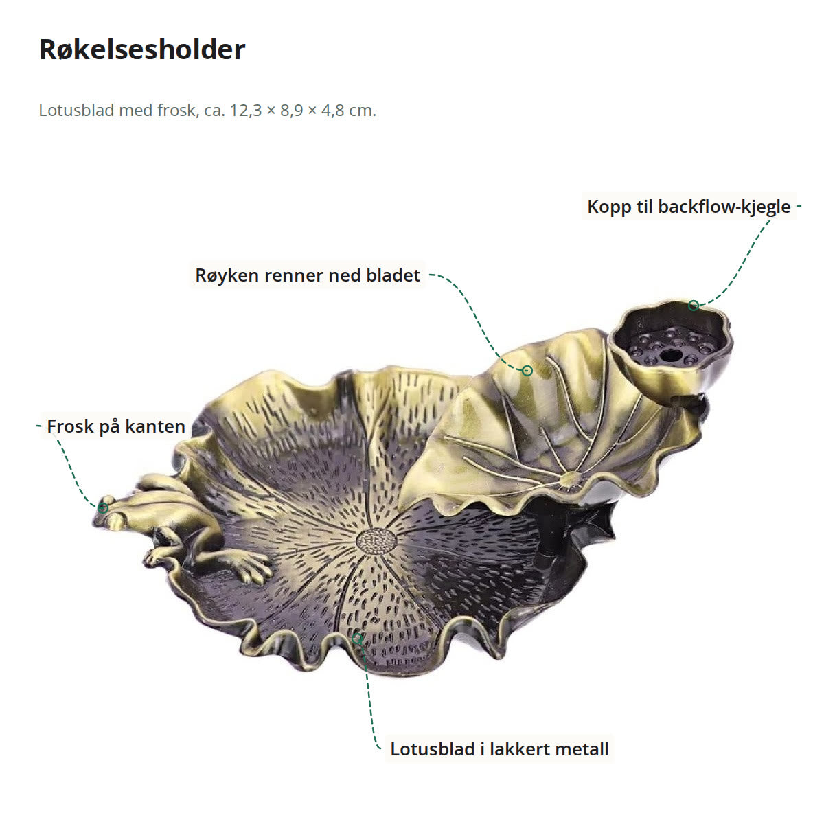 Røkelsesholder merket med kopp til backflow-kjegle, bladet røyken renner ned, frosken og lotusbladet i lakkert metall