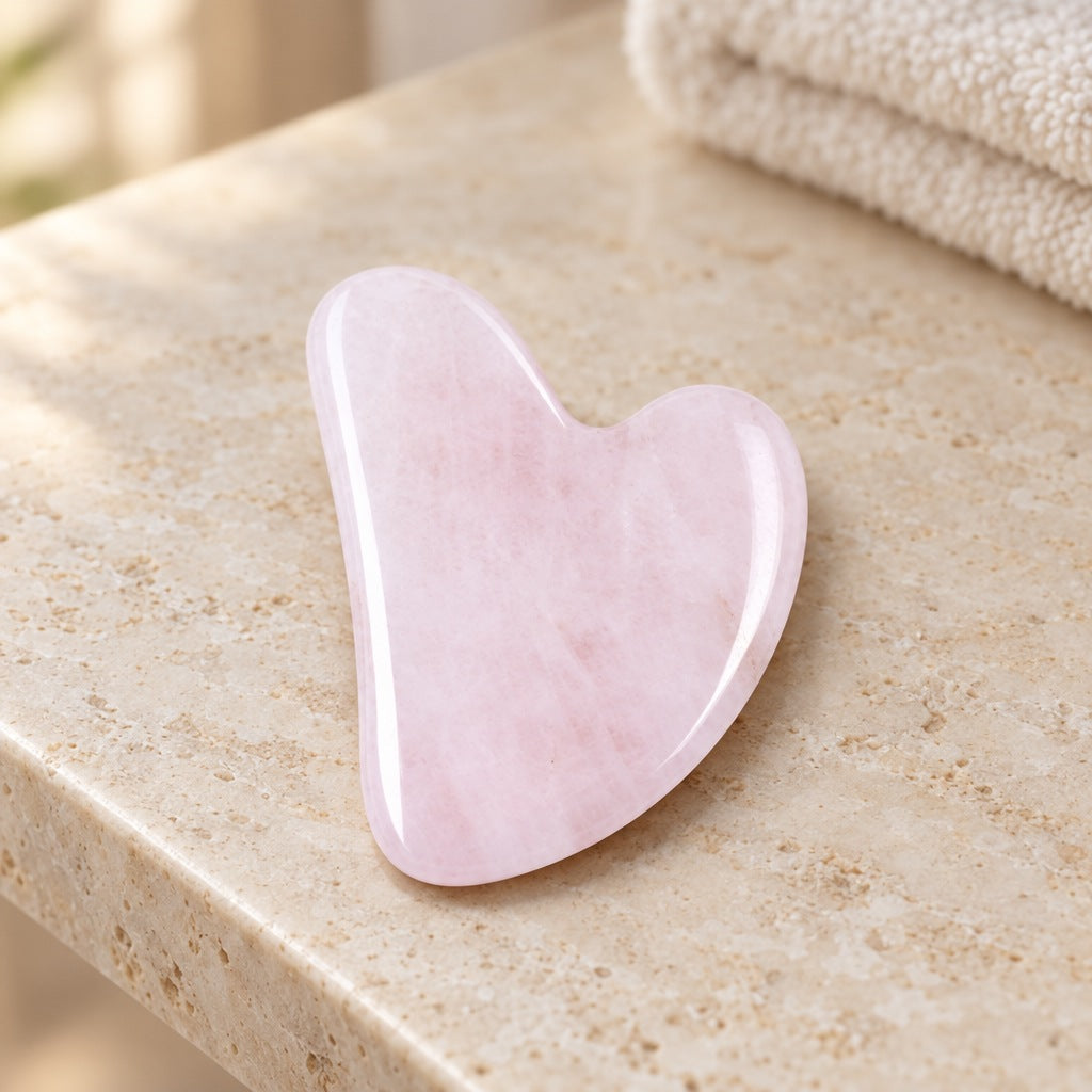 Hjerteformet gua sha i rosa rosenkvarts som ligger på en travertinhylle på badet