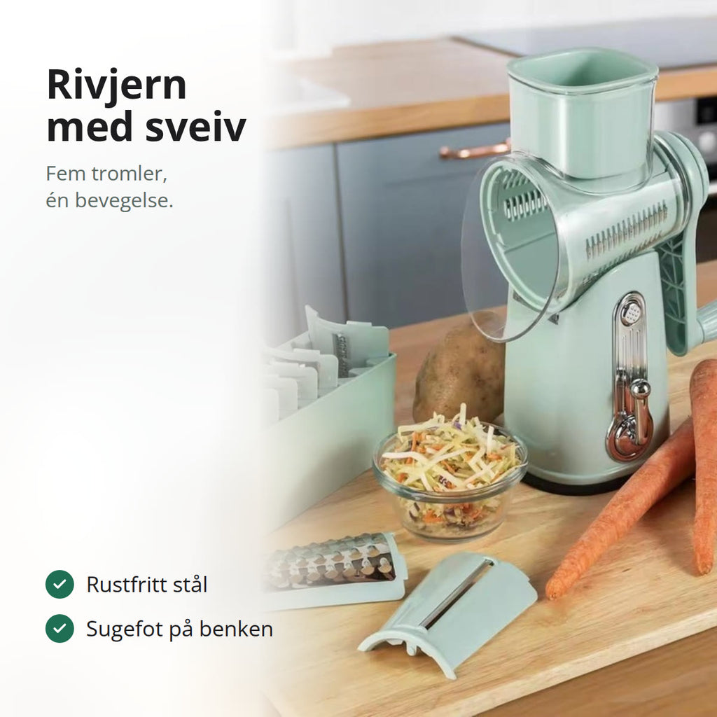 Lysegrønt roterende rivjern med sveiv på en kjøkkenbenk