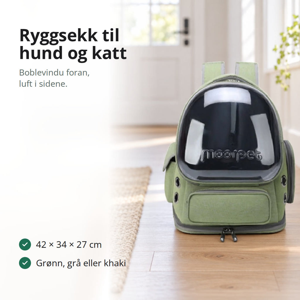Grønn ryggsekk til hund og katt med boblevindu, stående på et tregulv i en lys gang