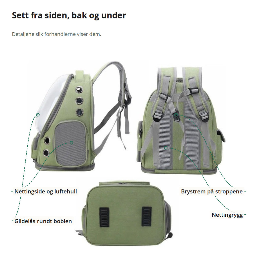 Ryggsekken sett fra siden, bak og under, merket: nettingside og luftehull, glidelås rundt boblen, brystrem og nettingrygg