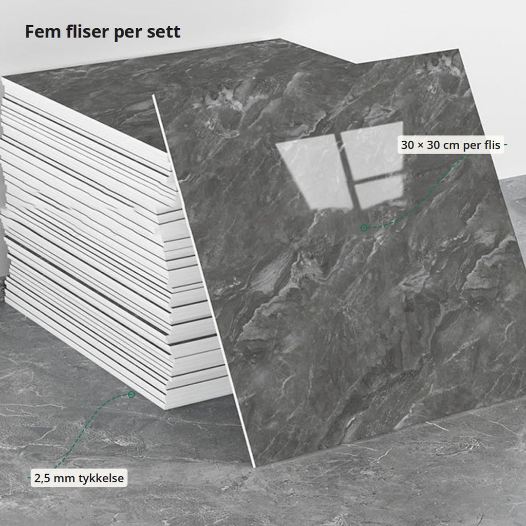 Flisene merket med tykkelsen på 2,5 mm og målet 30 × 30 cm per flis