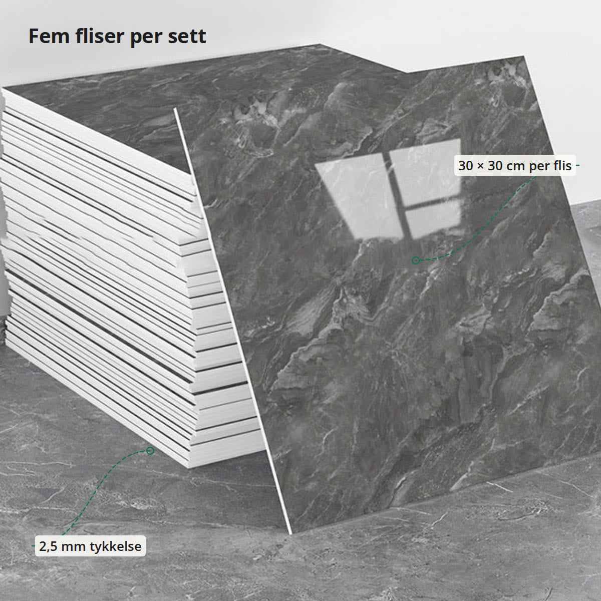 Flisene merket med tykkelsen på 2,5 mm og målet 30 × 30 cm per flis