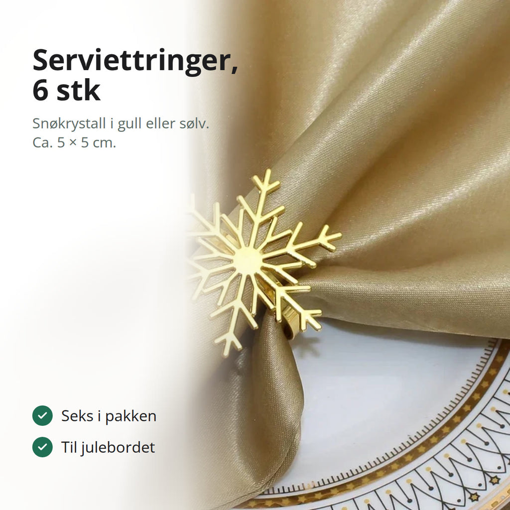 Serviettring formet som en snøkrystall i gull rundt en gullfarget serviett på en tallerken