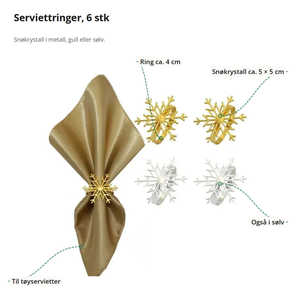Serviettringer med snøkrystall i gull og sølv, merket med mål på snøkrystallen og ringen, ved siden av en serviett