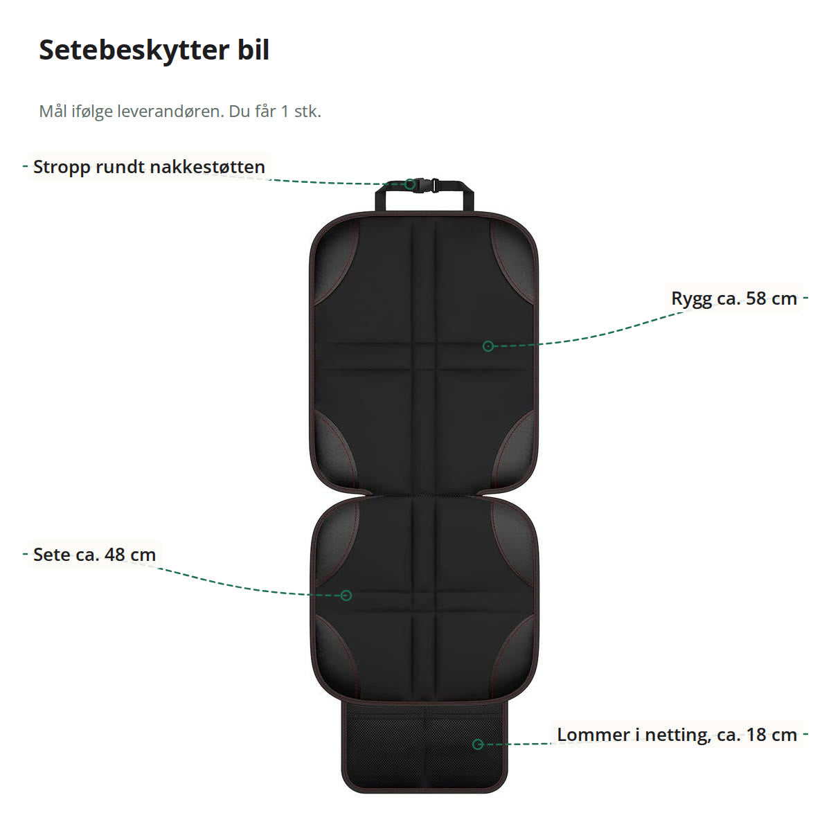 Setebeskytter sett forfra, merket med stropp rundt nakkestøtten, rygg ca. 58 cm, sete ca. 48 cm og lommer i netting ca. 18 cm