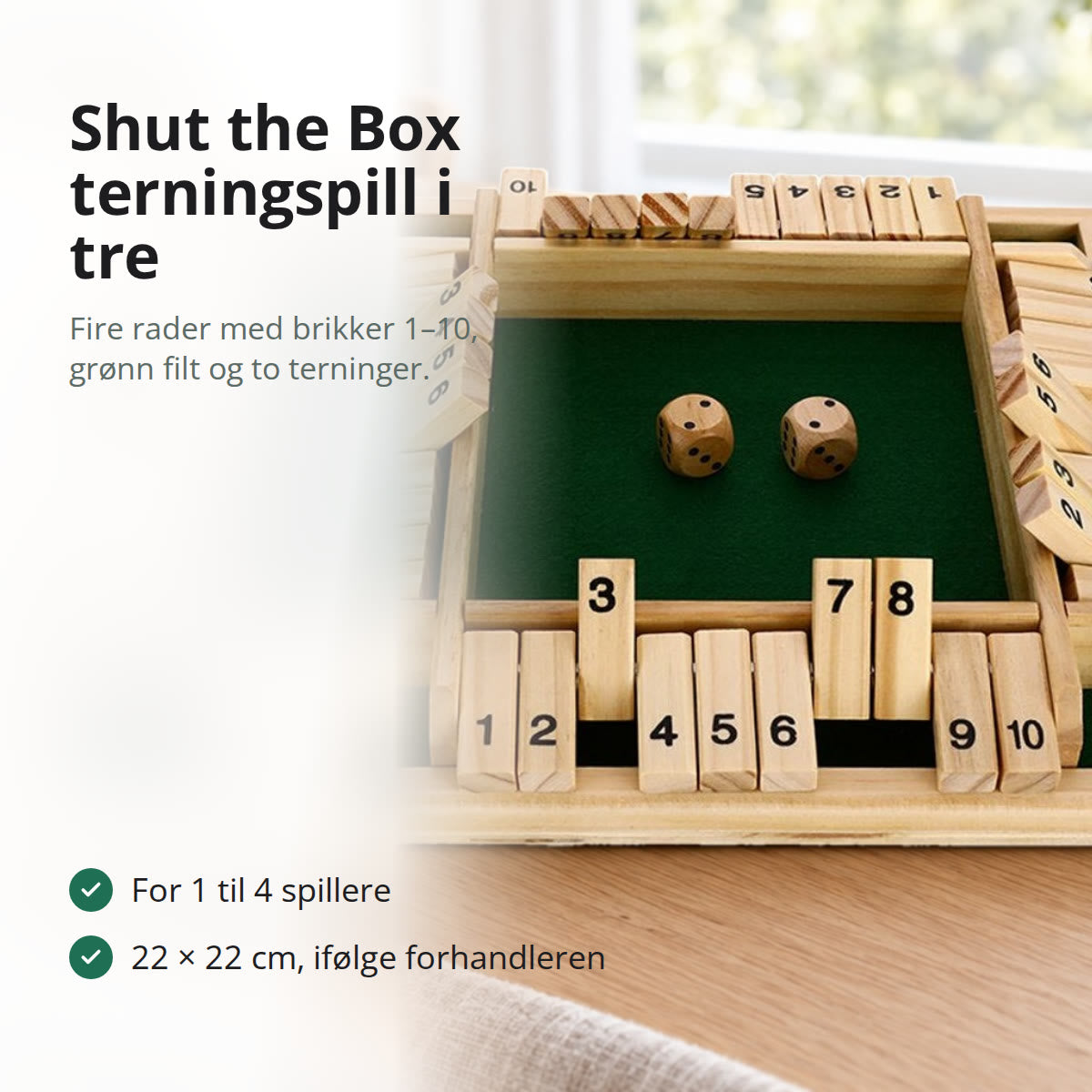 Shut the Box terningspill i tre med fire rader nummererte brikker, grønn filt og to terninger, på et lyst eikebord