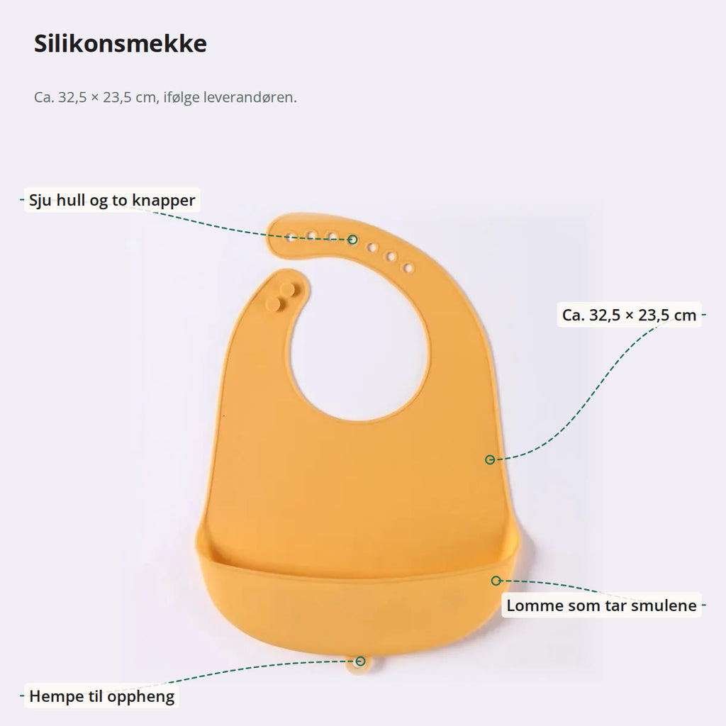 Silikonsmekke merket med sju hull og to knapper i halsen, mål, lomme og hempe til oppheng