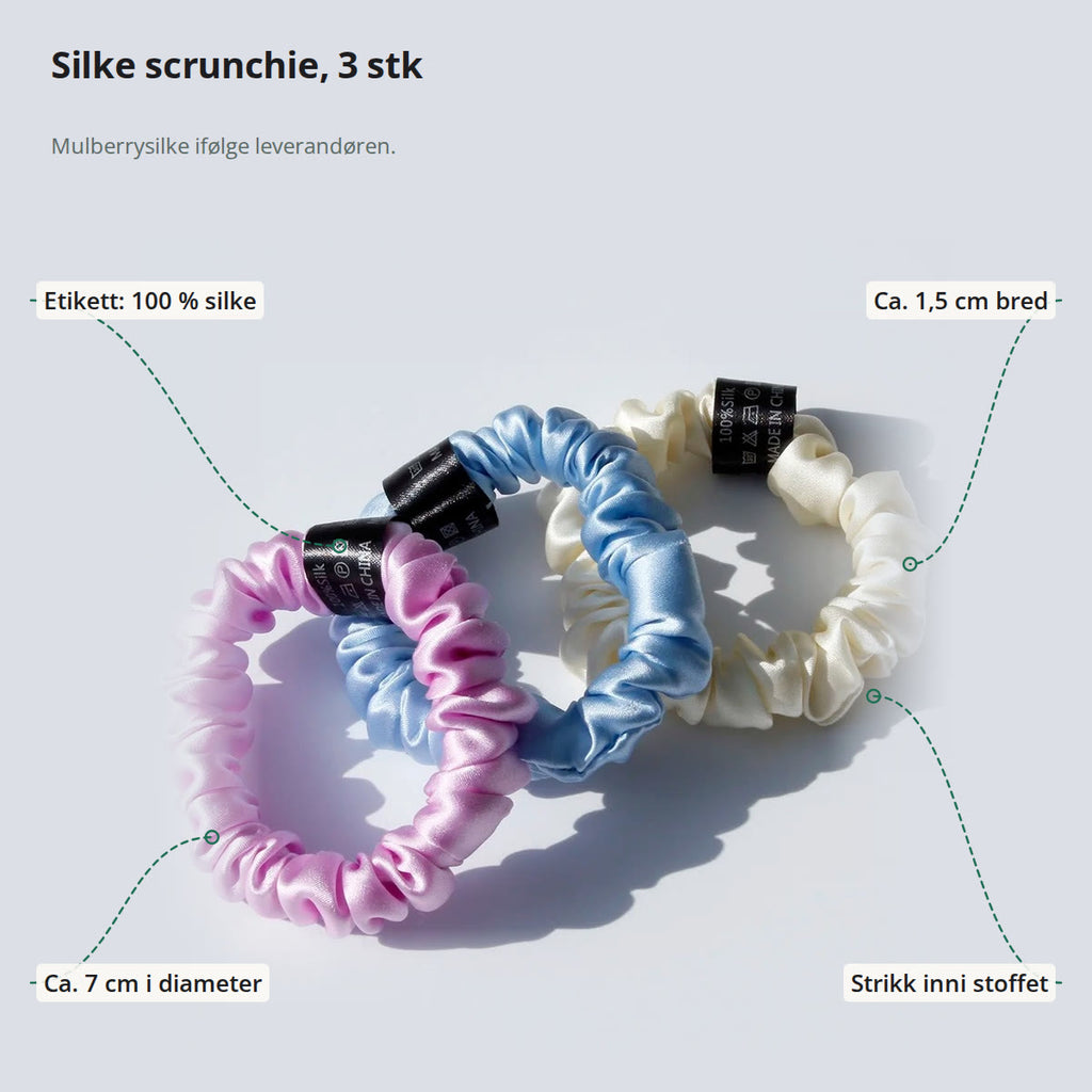 Tre silke scrunchies merket med etikett 100 % silke, bredde ca. 1,5 cm, strikk inni og diameter ca. 7 cm
