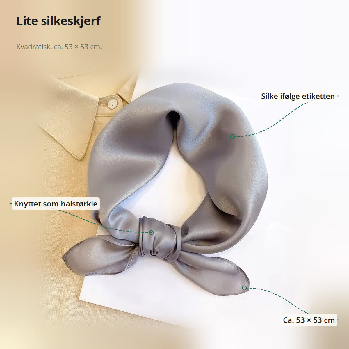 Grått silkeskjerf merket med silke ifølge etiketten, knute og mål på ca. 53 × 53 cm