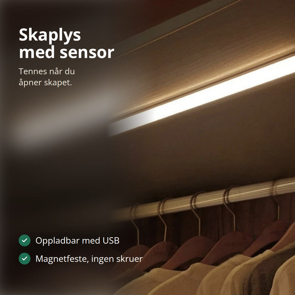 LED-list med bevegelsessensor som lyser over en klesstang i et skap