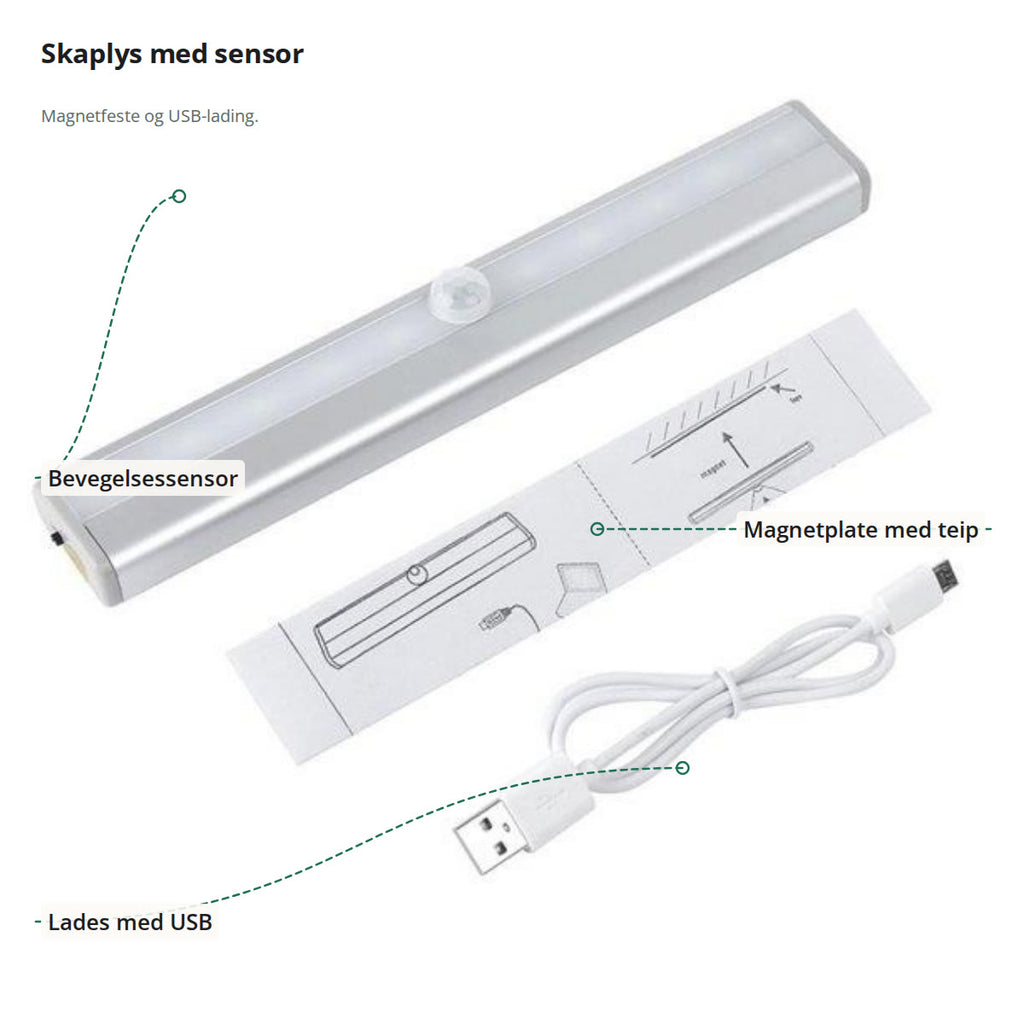 Skaplyset merket med bevegelsessensor, magnetplate med teip og USB-lading