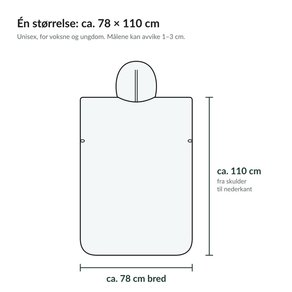 Tegning av skifteponchoen med mål: ca. 78 cm bred og ca. 110 cm lang fra skulder til nederkant