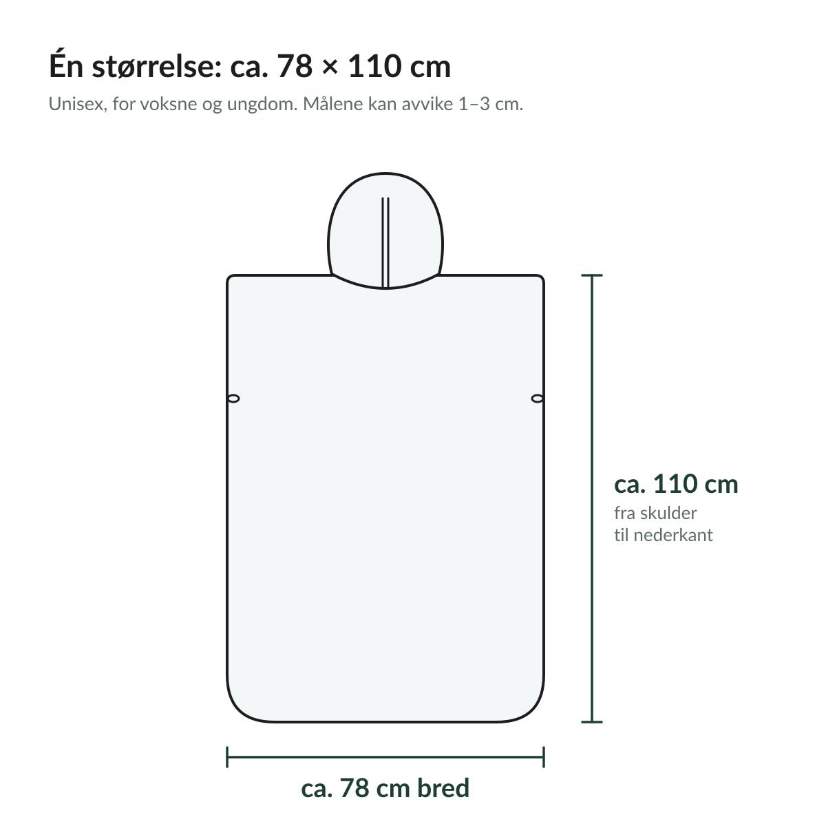 Tegning av skifteponchoen med mål: ca. 78 cm bred og ca. 110 cm lang fra skulder til nederkant