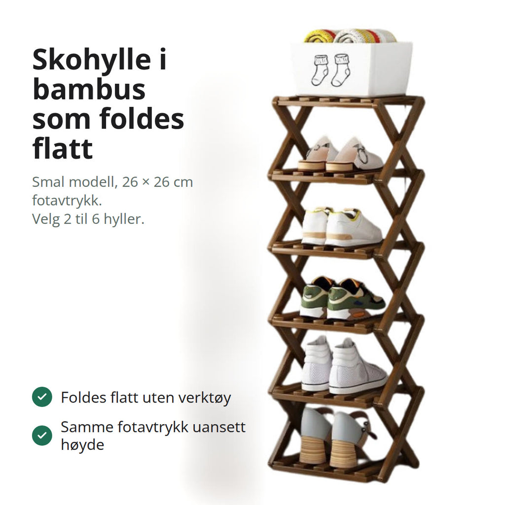 Skohylle i brun bambus med fem hyller, foldbar X-modell med ett par sko per hylle
