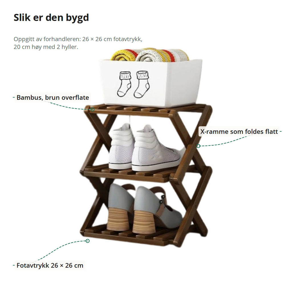 Skohylle i bambus med to hyller, merket: bambus-spiler, X-ramme som foldes flatt, fotavtrykk 26 × 26 cm