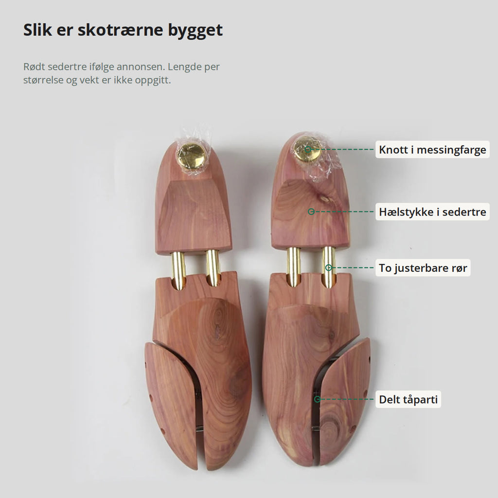 Skotrærne sett ovenfra, merket med knott i messingfarge, hælstykke i sedertre, to justerbare rør og delt tåparti