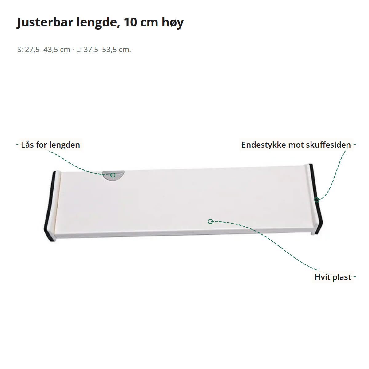 Skuffedeler merket: lås for lengden, endestykke mot skuffesiden og hvit plast