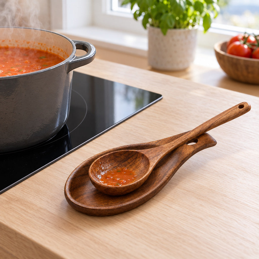Sleivholder i tre ved siden av komfyren, med en tresleiv med tomatsuppe i