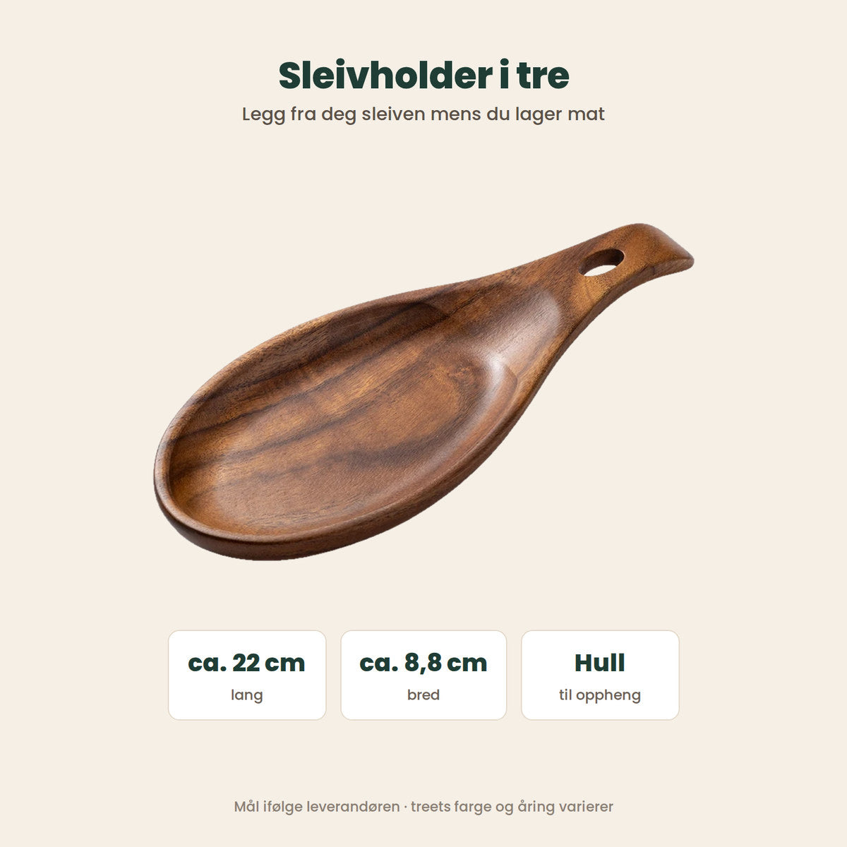 Sleivholder i tre, ca. 22 cm lang og 8,8 cm bred, med hull til oppheng