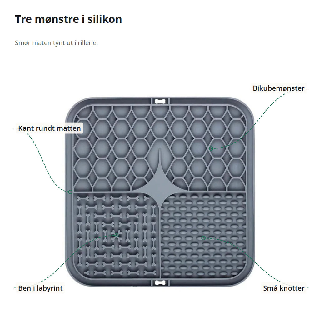 Slikkematte merket: bikubemønster, kant rundt matten, ben i labyrint og små knotter