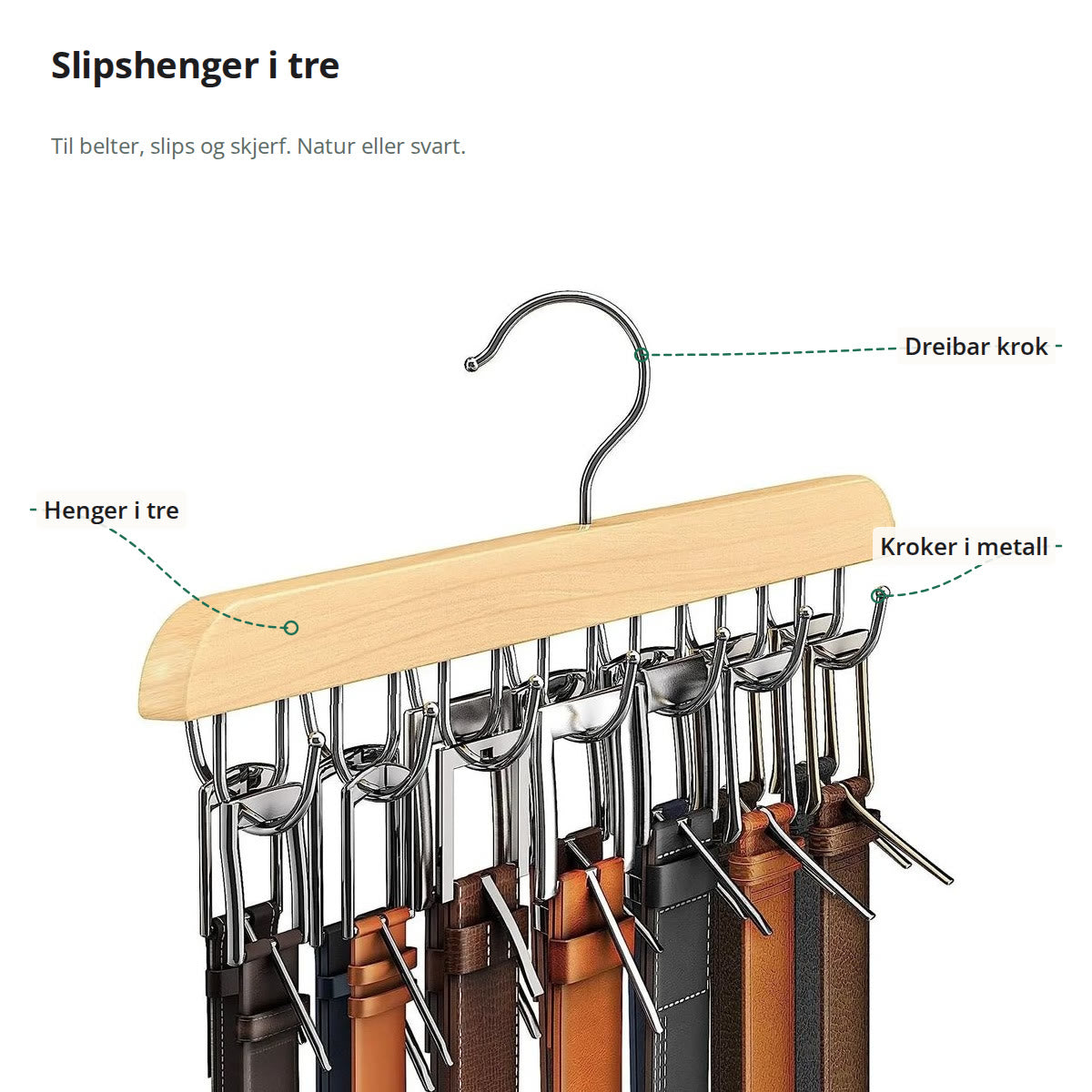 Slipshenger i tre merket med dreibar krok, henger i tre og kroker i metall