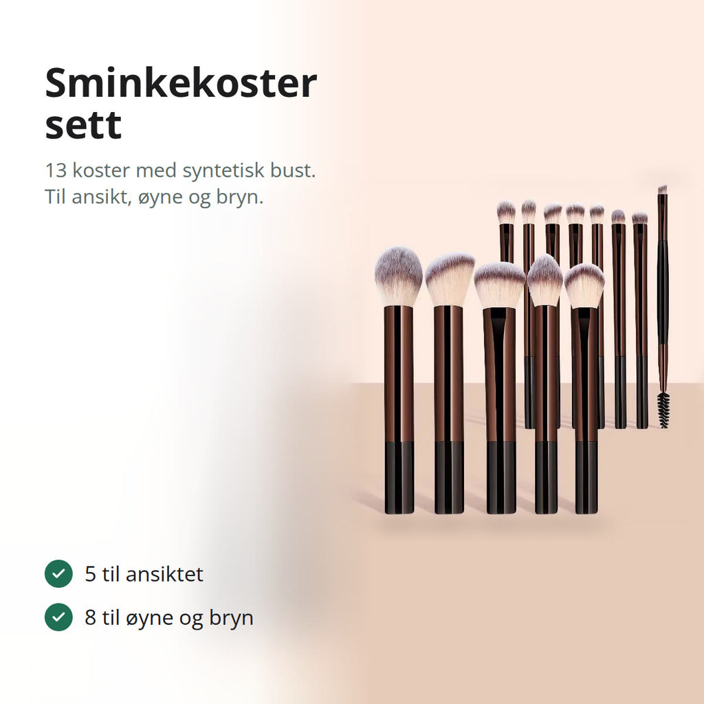 Sett med 13 sminkekoster med brune skaft og myk syntetisk bust