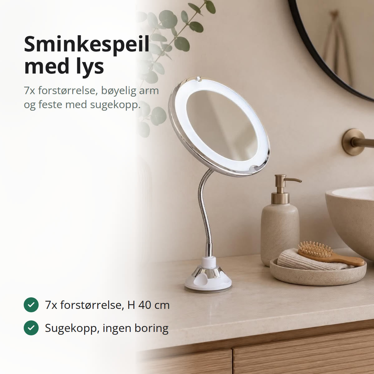 Hvitt sminkespeil med lys rundt kanten, bøyelig arm i metall og sugekopp i bunnen