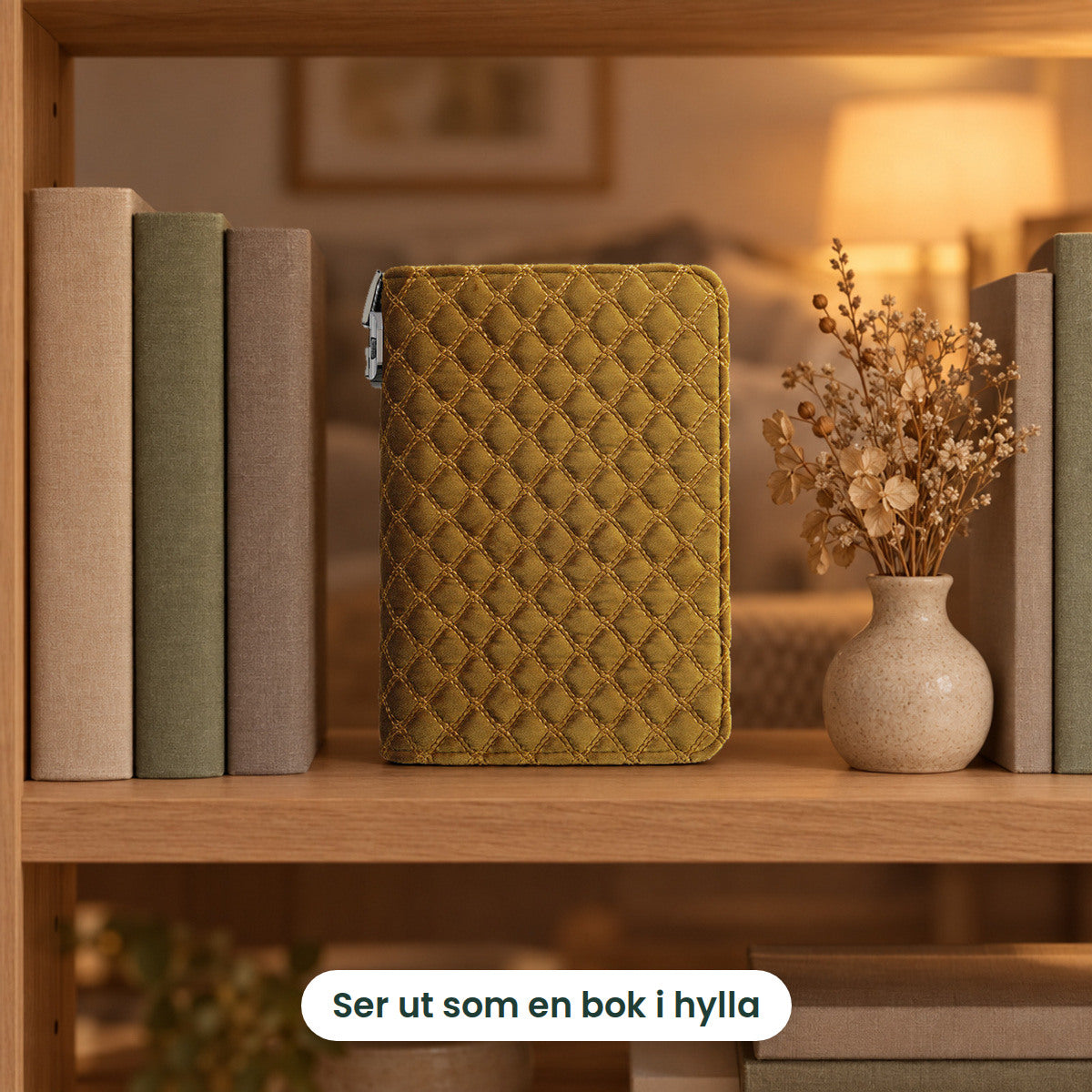 Smykkeboken i gull stående i en bokhylle mellom bøker og en vase med tørkede blomster